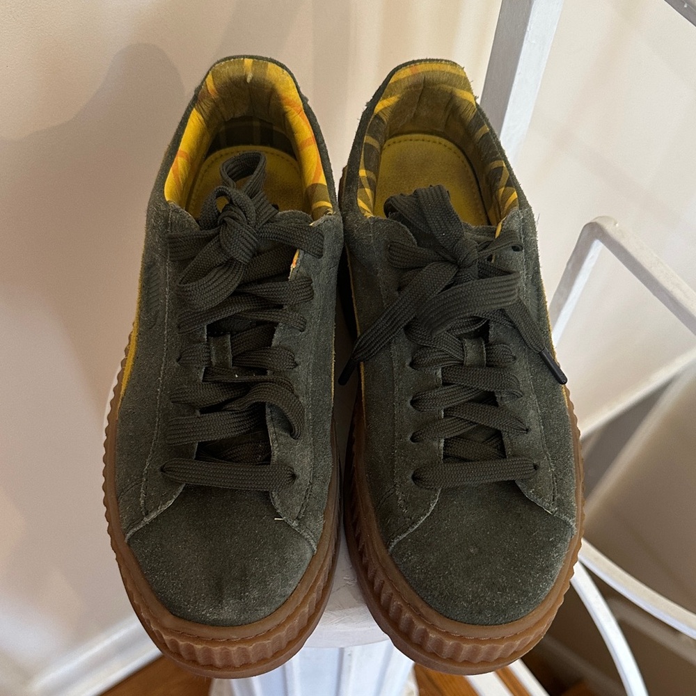 Fenty Beauty Olive Suede Sneakers with Yellow Plaid Lining and Gum Sole